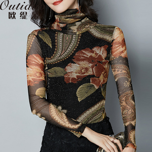 金丝银丝长袖打底衫女2018秋季t恤40-50岁上衣高领印花修身小衫