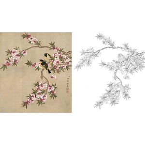 工笔画白描底稿临余稚国画《桃间双雀》花鸟国画宣纸透稿线描过稿