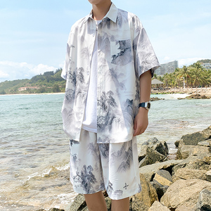 三亚风沙滩裤套装男士速干可下水花短裤泰国海边度假旅游穿搭衣服