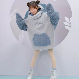 日系软妹森女部落自闭鲨鱼卫衣外套加绒加厚羊羔绒秋冬情侣装棉服