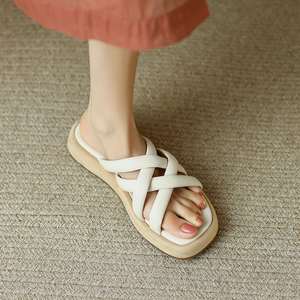 小花叔 巨好穿~夏季新款交叉绑带凉拖女2022厚底黄色外穿时尚拖鞋