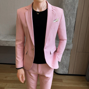 西服套装男韩版修身休闲粉色小西装发型师理发师青少年学生外套潮