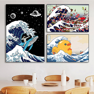 浮世绘装饰画小黄鸭神奈川冲浪里日本挂画潮流创意日式寿司店壁画