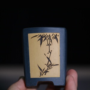 正品陈建强手工原矿紫泥双色粉浆扁口长方签筒盆 紫砂桌面盆景盆