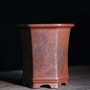 精品高档名家紫砂盆正品石痕精刻狮子全手工大号六方束腰签筒花盆