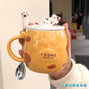 日本ZD马克杯带盖勺可爱猫咪猫抓陶瓷杯女生高颜值手机支架杯子女