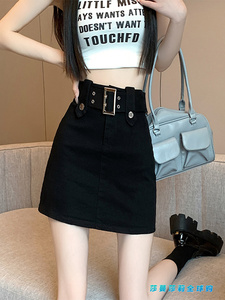 日本ZD美式黑色配腰带高腰半身裙女夏新款性感显瘦辣妹字包臀短裙