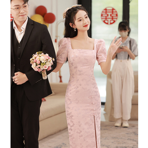 粉色改良旗袍敬酒服冬季小个子订婚礼服裙平时可穿新中式回门修身