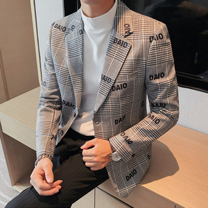 冬季西服男韩版修身休闲商务印花格子帅气小西装外套单西上衣潮男
