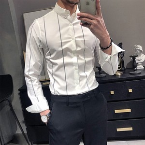 夏季修身衬衫男士新款抗皱长袖条纹休闲短袖白色衬衣高级感商务寸