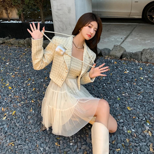 巴黎小姐网纱拼接抹胸连衣裙小香风毛呢外套两件套女2022早春新款