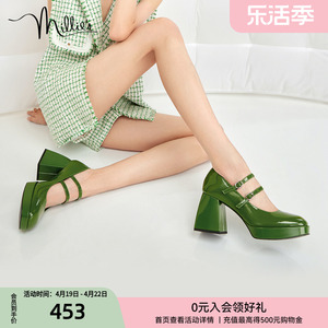 妙丽绿色春新款牛皮时尚复古法式高跟玛丽珍小皮鞋女单鞋SCY11AQ2