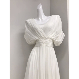 法式复古名媛晚礼服平时可穿长裙设计感压褶白色雪纺连衣裙女夏装