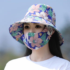 防晒口罩帽子一体女夏季可折叠渔夫帽妈妈花朵太阳帽干农活遮阳帽