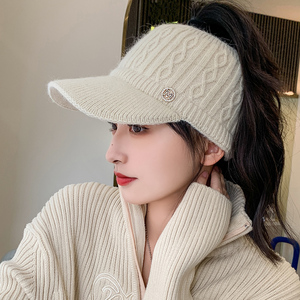 兔毛帽子女针织帽麻花毛线帽秋冬空顶帽冬季无顶高马尾鸭舌棒球帽