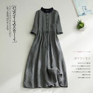 韩国夏季亚麻连衣裙经典黑白格子时尚撞色衬衫领通勤显瘦短袖长裙
