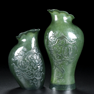 天然玉石新疆和田玉青玉精雕薄胎花瓶一对正品玉器摆件