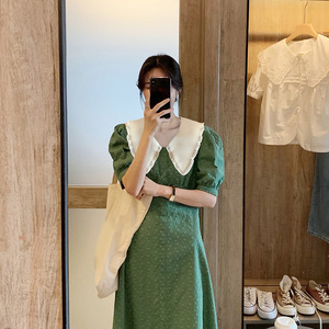 【现货】韩系刺绣设计感娃娃领连衣裙女夏季款小清晰收腰气质长裙