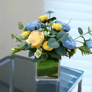 新款小清新玻璃方杯桌花摆件酒店餐厅商务会议餐桌装饰仿真绢假花