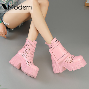 粉色马丁靴甜酷小个子内增高镂空靴子真皮厚底薄款短筒凉靴女018J