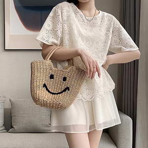 韩版白色蕾丝镂空宽松显瘦短袖上衣女夏季圆领衬衫百搭短款T恤衫