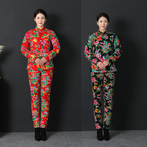 棉衣棉裤套装加厚纯棉花大花修身斜襟棉袄立领盘扣大襟棉服 