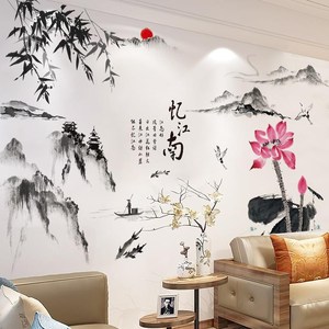 3d立体创意古风水墨山水壁画电视背景墙面装饰墙贴纸自粘中式墙画