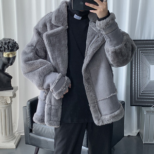 韩版修身西装领皮毛一体外套潮流男生冬季棉衣服加绒加厚短款夹克