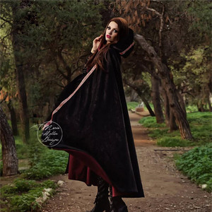 中世纪万圣节cosplay长黑色披风披肩兜帽天鹅绒女巫女魔斗篷