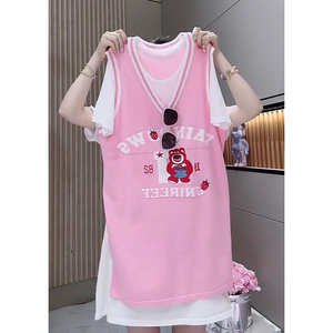 韩版休闲学院风运动球衣背心裙夏装粉色两件套短袖T恤连衣裙女生