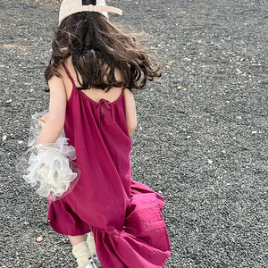 女童夏款连衣裙高级感夏季2024新款儿童吊带裙子薄款夏装洋气红色
