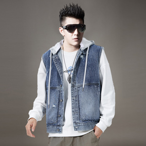 春秋复古牛仔马甲男装潮流破洞可拆卸连帽宽松马夹百搭坎肩背心男