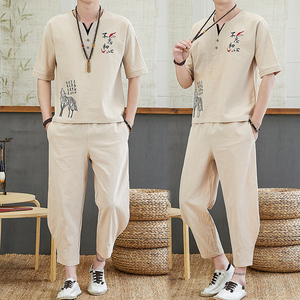 睡衣男大码棉麻短袖九分裤套装复古亚麻布汉服古装夏季潮流家居服