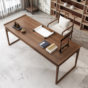 新中式实木书法桌电脑桌写字台翘头画案书房办公桌老榆木书画桌椅