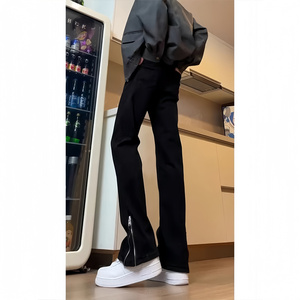 黑色高腰微喇牛仔裤男190高个子加长修身裤子美式高街拉链直筒裤