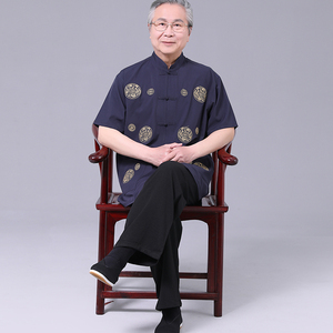 中国风夏季中老年汉服唐装男短袖套装爷爷夏装老人衣服爸爸中山装