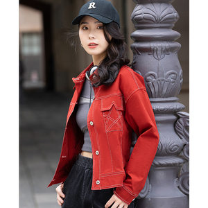 红色牛仔外套女2024新款爆款春季翻领上衣气质高级感短款宽松夹克