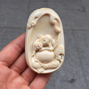 猛犸象牙李小珍大师款纯手工雕刻福在眼前弥勒佛吊坠文玩把件