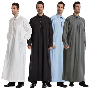 中东土耳其穆斯林新款四季通用民族男士纯色衬衫领纽扣长袖长袍