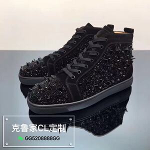 欧美clνj真皮高帮男鞋金海参水钻铆钉红底鞋系带休闲情侣款女鞋