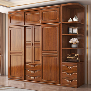 中式实木推拉门衣柜家用卧室推拉衣橱1.2米1.8米主卧挂衣服储物柜