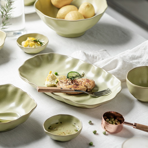 日式餐具套装绿色复古创意两一人食ins风盘子菜盘家用饭碗碟碗筷