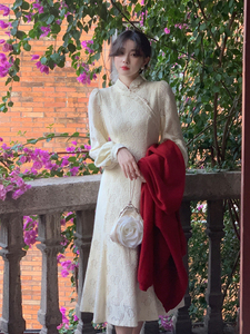 大码胖mm高端复古改良版立领白色旗袍秋冬新款气质名媛蕾丝连衣裙