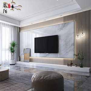 悬空电视背景墙微晶石瓷砖岩板现代简约客厅实木格栅护墙板新中式