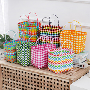 彩色手提包礼品包清新格子塑料编织包买菜篮子包休闲草编包购物袋