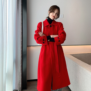 2022秋冬大红色双面零羊绒大衣女中长款韩版暗门襟高端羊毛呢外套