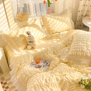 奶油黄公主风纯棉泡泡纱四件套少女心宿舍床裙花边纯色双人被床单