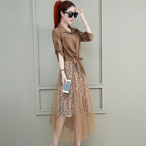 夏天连衣裙女2021年新款遮肚显瘦网纱拼接气质裙子两件套外搭开衫