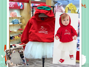 2023春季新款女童红色卫衣连帽T恤白色纱纱裙两件套装韩版小雨伞