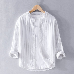 条纹衬衫男长袖亚麻布衣服夏季薄款外套潮牌男装上衣棉麻复古衬衣